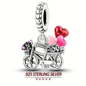 Pandora 925 Sterling Silver Bicycle Charm Pendant with Heart Accents and “Love”